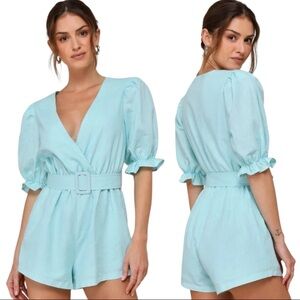 Lena Light Blue Linen Blend Puff Sleeve Belted Short Romper Light Blue Medium